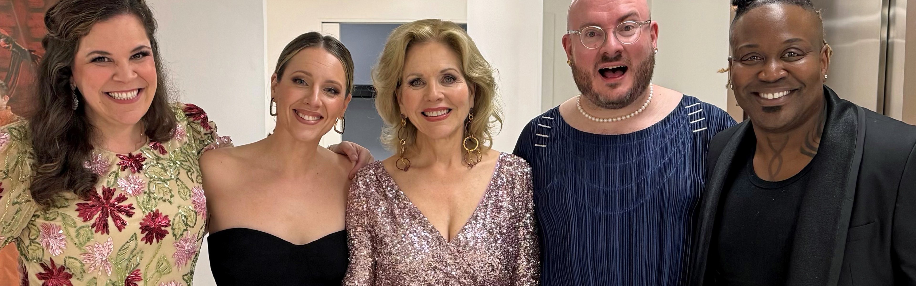 Lindsay Mendez, left, Jessie Mueller, Renée Fleming, Doug Peck, and Tituss Burgess