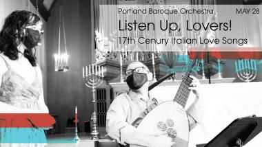 Listen Up, Lovers! Poster image - featuring soprano Arwen Myers and theorbo player John Lenti