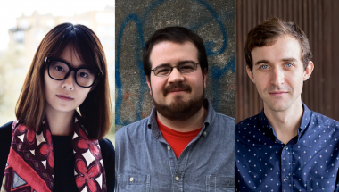 Image of three composers: Meng Wang, with medium length brown hair and glasses, Jeremy Rapaport-Stein, with short brown hair and glasses, and Theo Chandler, with short light brown hair