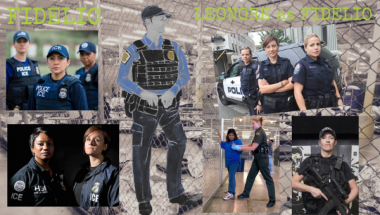 Pictured is a series of photos of police officers in uniform. These images surround a costume sketch by Jessica Jahn for the character of Fidelio in the 2021 production of Fidelio at San Francisco Opera..