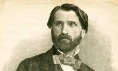 A sepia portrait of Giuseppe Verdi as a young man.
