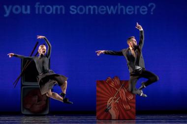 Smuin artists Tessa Barbour and John Speed Orr are airborne in Val Caniparoli's "Confessions," part of the Dance Series 2: P.S. Forever Smuin program touring the Bay Area April 29-May 28, 2022.