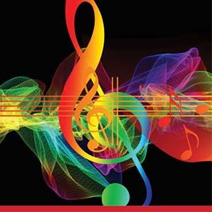 Colorful treble key over musical notes
