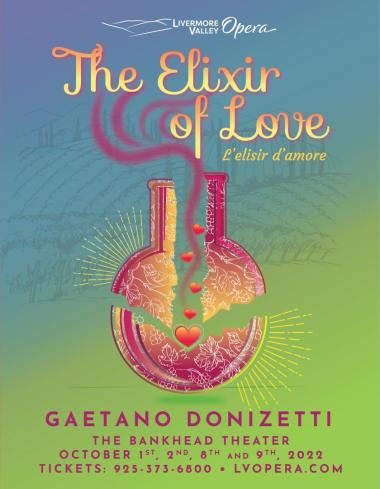 Beautiful love potion bottle filled with hearts on a field of green with a blue sky