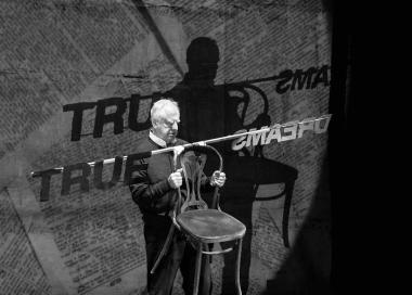 The University of California, Berkeley and Cal Performances present a campus-wide residency with world-renowned, multi-disciplinary artist William Kentridge over the course of the 2022–23 academic year. pictured: William Kentridge performs Kurt Schwitters' Dadist poem "Ursonate" March 10 at Zellerbach Playhouse. (credit: Stella Olivier)