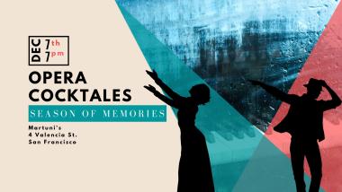 Green, brown and reddish layered background with figure outlines of singers and piano with the title, time and location of the event by Opera Cocktales