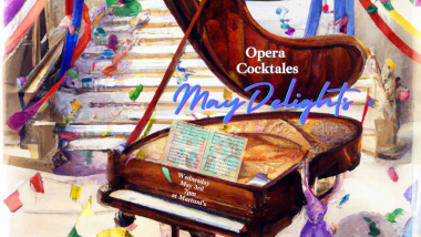 whimsical watercolor. Grand piano with sweeping staircase behind with May pole streamers and info.