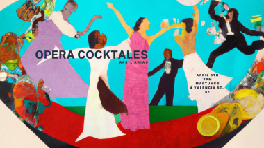 colorful emoting singers in a large martini glass with Opera Cocktales performance info. Paper cutout style.