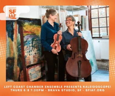 Anna Presler holding a violin and Leighton Fong holding a cello, with concert details listed.