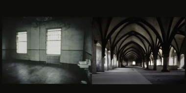 photo of empty room in Alcatraz prison and photo of colonnade in Eberbach monastery