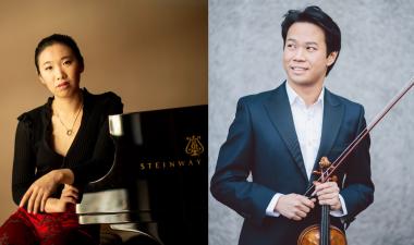 L: Hilda Huang seated at a piano, R: Nikki Chooi holding a violin