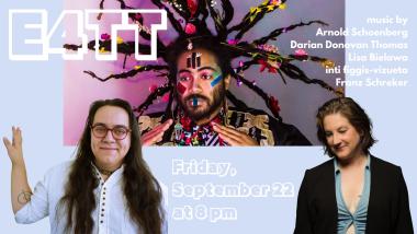 images of inti figgis-vizueta (native American/Latinx, long hair, glasses, white shirt), darian donovan thomas (Black man with face paint, flowers in hair, dreads flying, and lisa bielawa