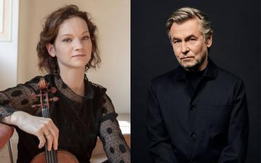 A photo of Hilary Hahn with her violin next to a photo of Esa-Pekka Salonen