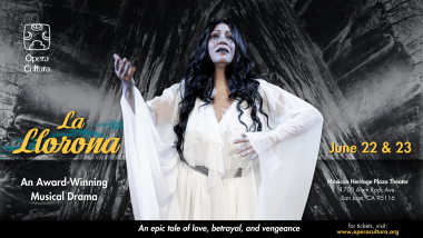 Graphic for La Llorona featuring mezzo-soprano Stephanie Sanchez in a white dress, black tear tracks streaming down her face.