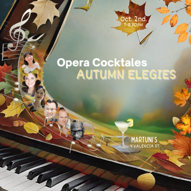 an open grand piano acting as a window out into an autumn landscape surrounded by fall covered leaves and the event information.