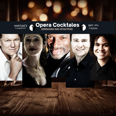 Bokeh background of a theater with photos of the performers and information about the event Time/Date/Place