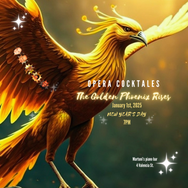A golden phoenix taking flight with the information about the event written in front of