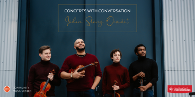 Isidore String Quartet pose together with instruments