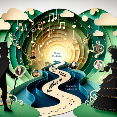 winding road surrounded by circular colors in papercut art with the information about the event and tiny pictures of the performers