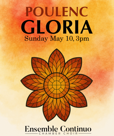 A poster in orange and red tones with a central flower motif. Text says: Poulenc Gloria, Sunday May 10, 3 pm.