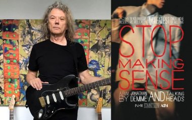 On the left, Jerry Harrison in a black shirt with his black guitar. On the right, the Stop Making Sense concert film poster.