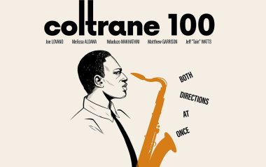 Poster for Coltrane 100: Both Directions at Once. Poster is animated John Coltrane with a saxophone.
