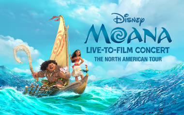 Moana: Live-to-Film Concert, the North American Tour with Moana and Maui on a boat in the ocean.