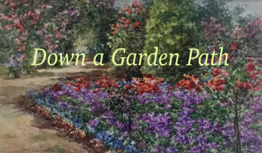 Painting of colorful flowers next to a garden path
