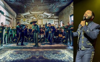 On the left, Mariachi Herencia singing together. On the right, Leonardo Aguilar singing with a microphone.