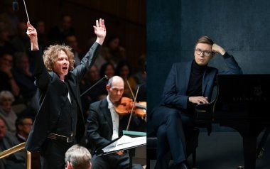 On the left, Santtu-Matias Rouvali conducting. On the right, Víkingur Ólafsson sitting next to a piano.
