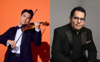 On the left, Ray Chen in a suit playing his violin. On the right, Julio Elizalde in a black suit sitting down.