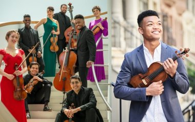 On the left, the Sphinx Virtuosi members standing and sitting on stairs. On the right, Randall Goosby with his violin.