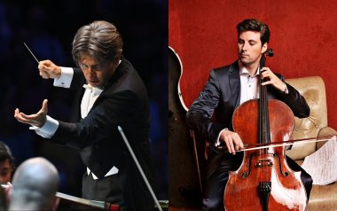 On the left, Daniel Rustioni in a tuxedo conducting. On the right, Daniel Müller-Schott in a suit sitting playing his cello.
