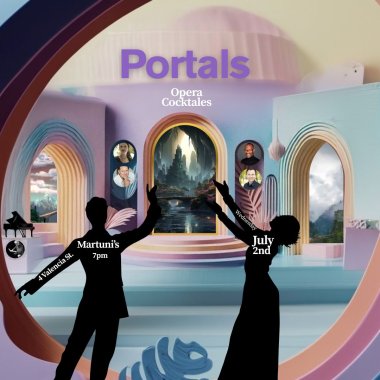 a cut-out window looking into a world with 3 arched doors with different scenes, dark figures in front singing....