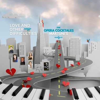 SF as a paper collage with a half-circle piano keyboard and a tangled road leading to the information