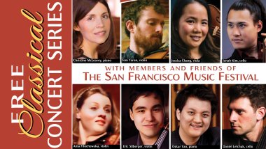 Portraits of 8 members of The San Francisco Music Festival next to a red vertical banner reading "Free Classical Concert Series"
