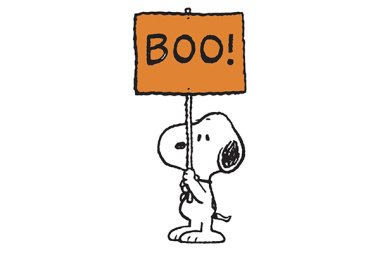 Snoopy holding a sign that says, "Boo"
