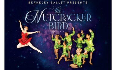 A dancer in a red tutu leaps in the air, while a group of young dancers in shiny green costumes pose like cacti. The words "The Nutcracker Bird" are written across the top of the image in a graceful script.