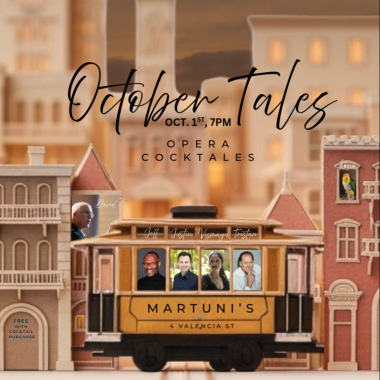 an SF trolley car with pics of the performers with a city background and info Oct. 1, 7 pm at Martuni's