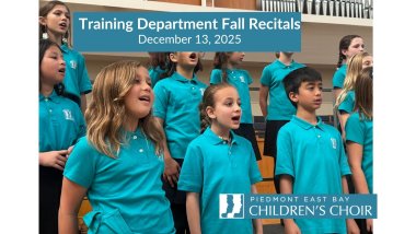Joyful children in teal shirts singing; text over announces Training Department Fall Recitals
