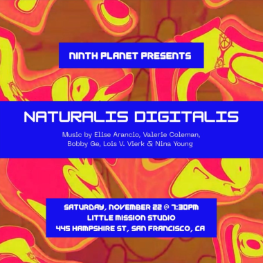 Orange/Pink/Yellow background of distorted Mickey Mouse faces, with white text on blue banners that reads "Naturalis Digitalis" and lists the performers and composers