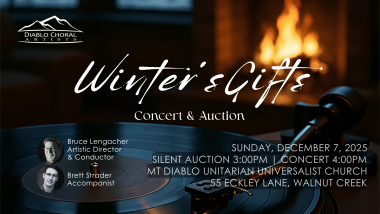 A photo depicting a cozy fire, record player, and snow outside the winter. Text: Winter's Gifts - Concert and Auction