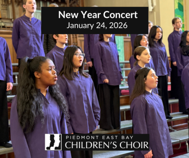 Joyful children in purple shirts singing; text over announces New Year Concert