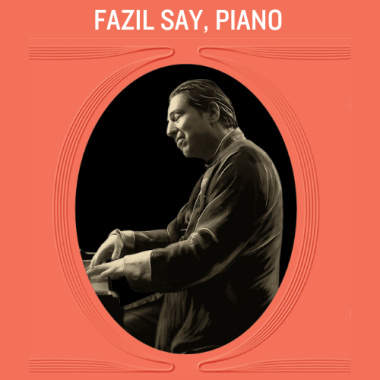 Fazil Say, Piano. Black and white image of a man sitting at a piano.