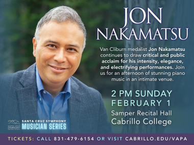 Jon Nakamatsu is pictured with details about his upcoming recital on February 1 at Samper Hall at Cabrillo College.