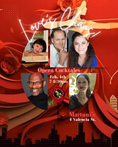 A female cupid in a flowing red dress shooting an arrow with pictures of the performers and the event informationt