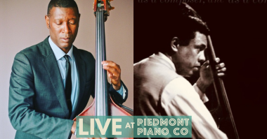 Marcus Shelby on color on the left playing upright bass, Charles Mingus in sepia on the right playing upright bass