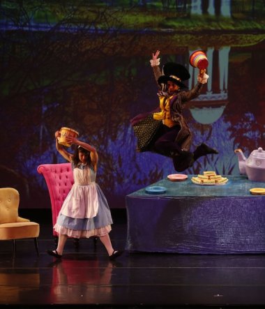 Tea party scene with dancers Moses Kaufman and Sonja Dale. Photo credit: Matt Haber
