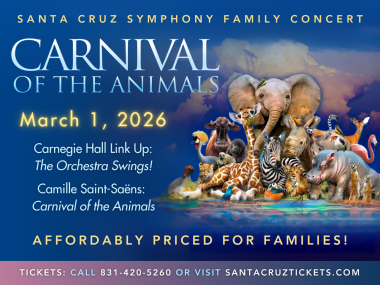 Poster for Carnival of the Animals Family Concert on March 1, 2026 at Civic Auditorium showing animals grouped together