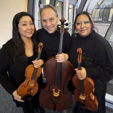 Fong-Costanza Family String Trio. Left to Right: Debra Fong, violin; Christopher Costanza, cello; and Ezra Constanza, viola.  (Photo courtesy of the artists.) 